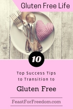 Pinterest mini image - 10 top success tips to transition to gluten free with antique silverware and a hand sewn heart