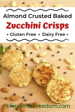 Pinterest mini image - Almond crusted zucchini side dish on wood platter with whole almonds and peppercorns