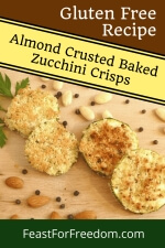 Pinterest mini image - Almond crusted zucchini on a wooden platter with parsley, whole almonds and peppercorns