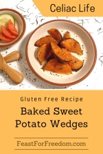 Pinterest mini image - Baked sweet potato wedges on a plate