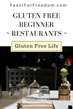 Pinterest mini image - Gluten free beginner, restaurants with a nicely set dinner table in a restaurant with a rose in a vase