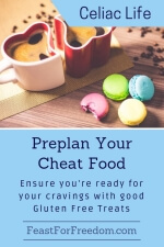 Pinterest mini image - Preplan your gluten free cheat food with fresh coffee and brightly colored macarons