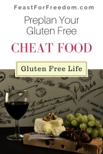Pinterest mini image - Preplan your gluten free cheat food, with a tray of soft cheese, grapes and a glass of red wine