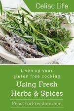 Pinterest mini image - Liven up your gluten free cooking using fresh herbs and spices with fresh herb leaves and flowers in a bowl