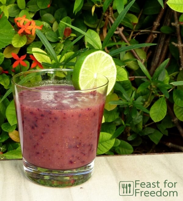 Blueberry and kiwi smoothie in a glass on a table next to a green bush, garnished with lime